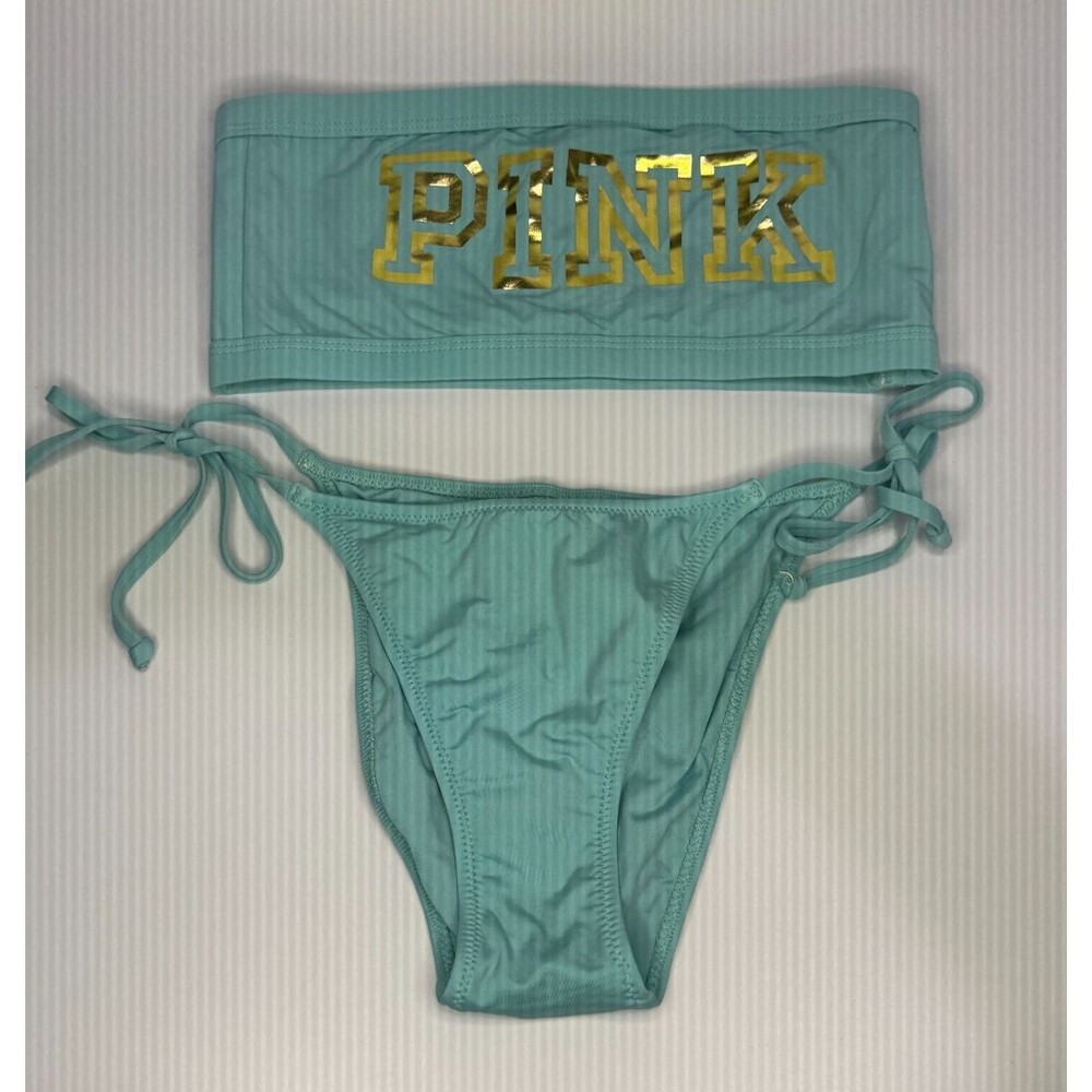 Victoria’s Secret Swimsuit Bikini 2 piece Set Strapless Medium Aqua with Gold